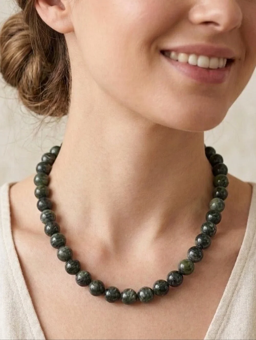 Irish Connemara Marble 12mm Beaded Necklace - 925 Silver